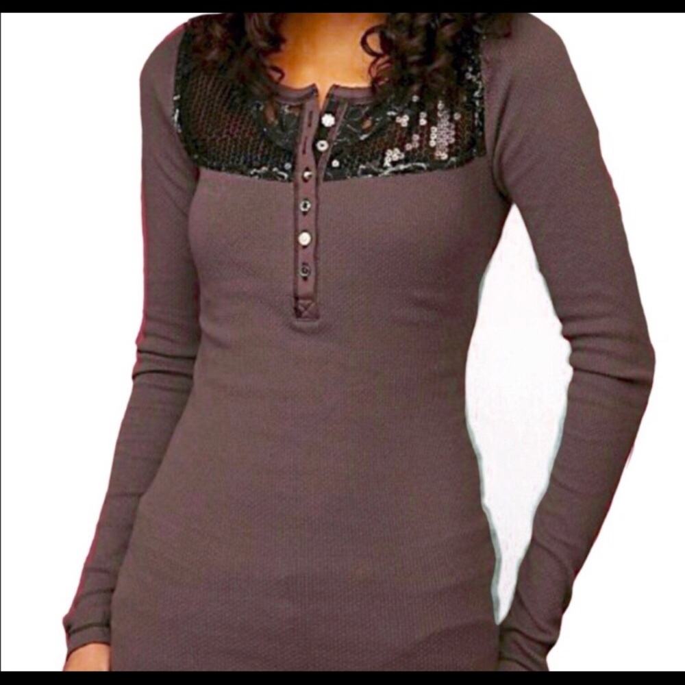 Free People Gray Black Mesh Sequin Thermal Henley